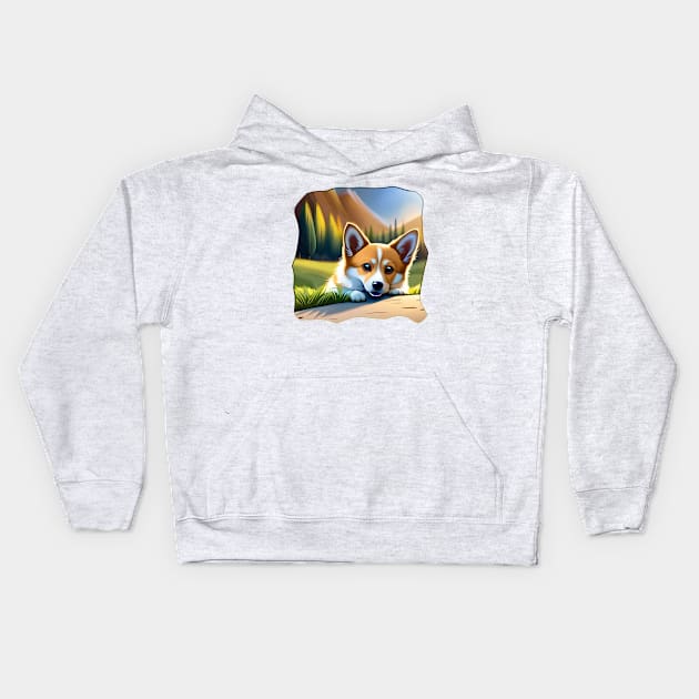 Corgi sun bathing Kids Hoodie by Xinoni